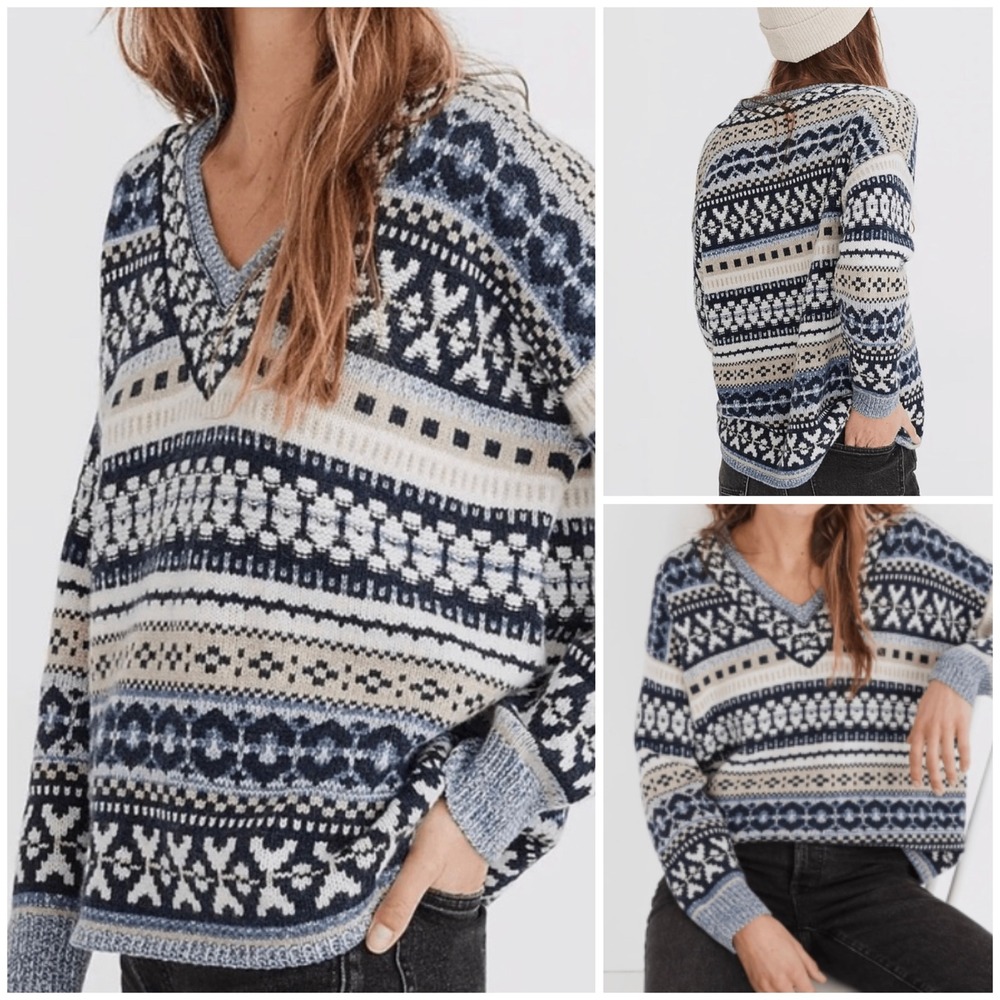 Madewell Fair Isle V Neck Sweater Blue Tan White Women Size S Wool Blend Nordic